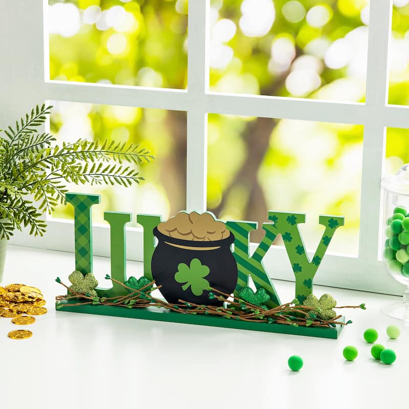 Glitzhome 16"L St. Patrick's Lucky Word Sign Table Decor