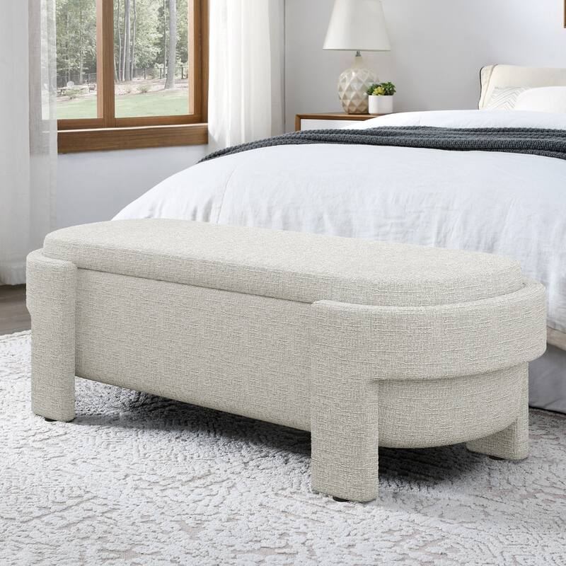 Linen Fabric Upholstered Bench with Large Storage Space - Beige Stripe