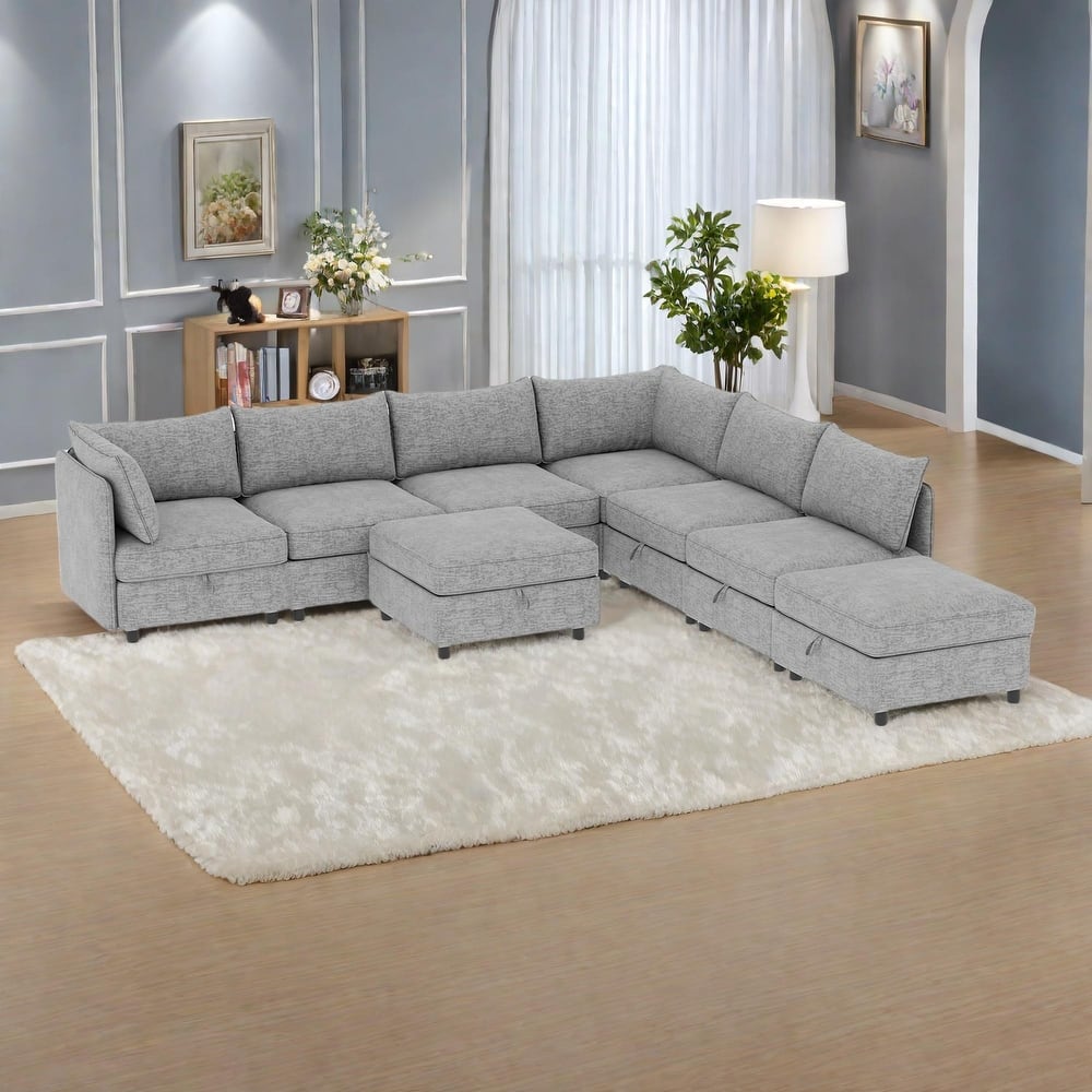 129" Chenille Modular Sectional Sofa with Storage and Convertible Design, 8-Seater