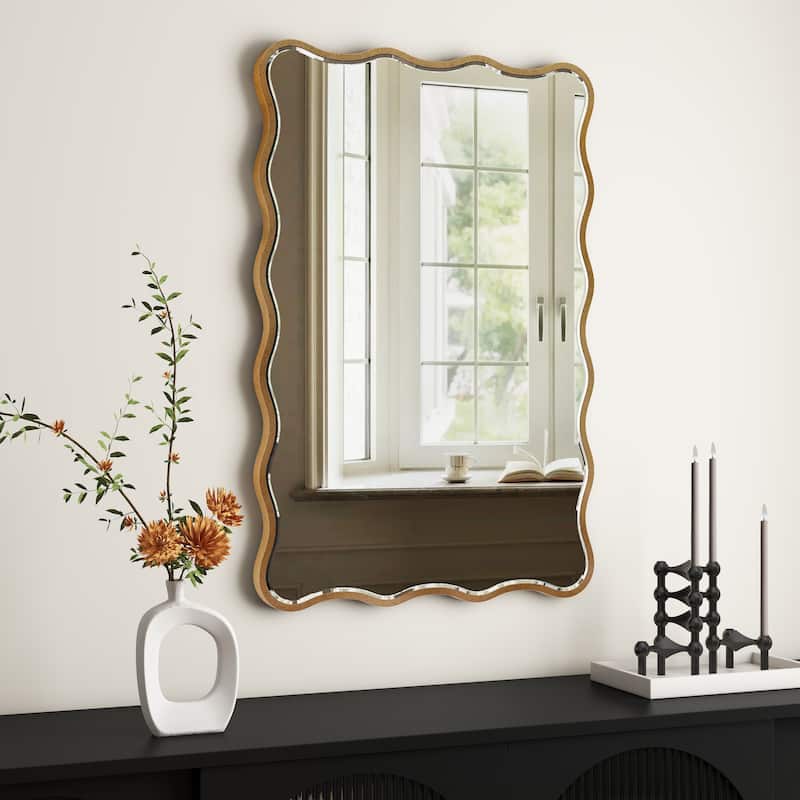 Antique Gold Wall Mirror Rectangle Wave Metal Accent Mirror - 30"×20"