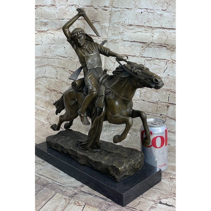 Arabian Arab Warrior On Imitative Horseback Bronze Statue Sculpture Figure On Marble Base