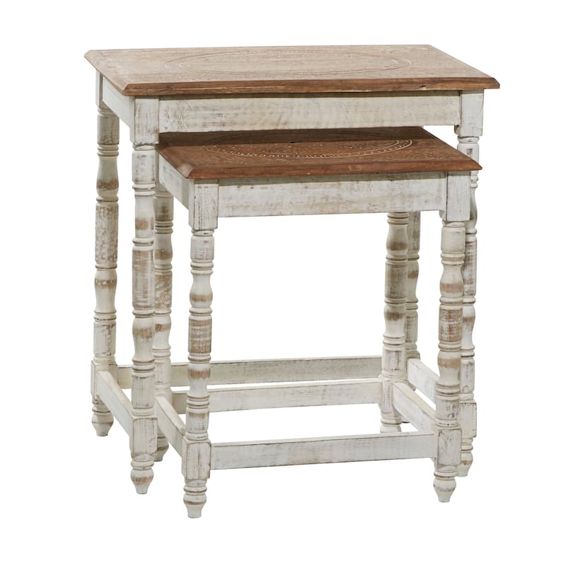 Mango Wood Floral Handmade Intricately Carved Accent Table with Carved Tabletops - Set of 2 Brown or White - Roche River Decor