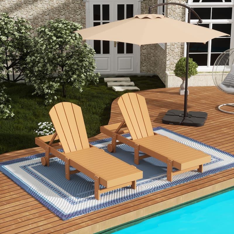 Polytrends Laguna Hdpe All Weather Outdoor Patio Pool Reclining Armless Chaise Lounge With Wheels (Set Of 2) - Teak
