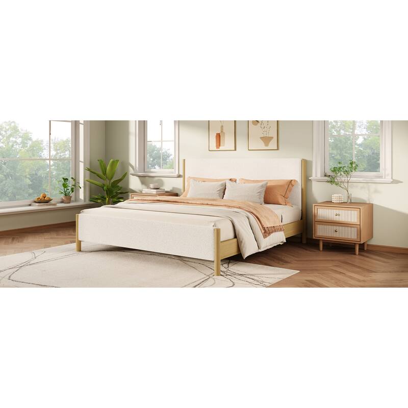 Roomfitters White Boucle Upholstered Bed with Rubberwood Legs, Modern Platform