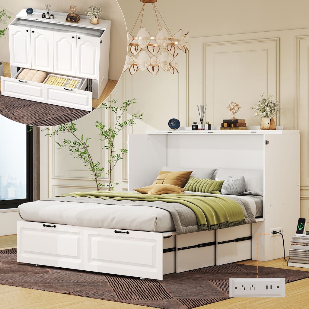 Murphy Cabinet Bed with Charging Station & Storage Drawer, Foldable Platform Bed for Small Spaces