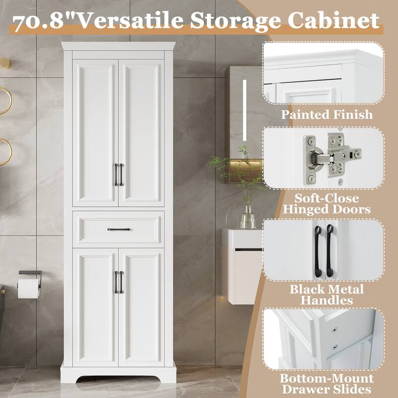Modern Elegant White Tall Cabinet Freestanding Storage Cabinet for Bathroom with Adjustable Shelves and Damping Hinge Doors