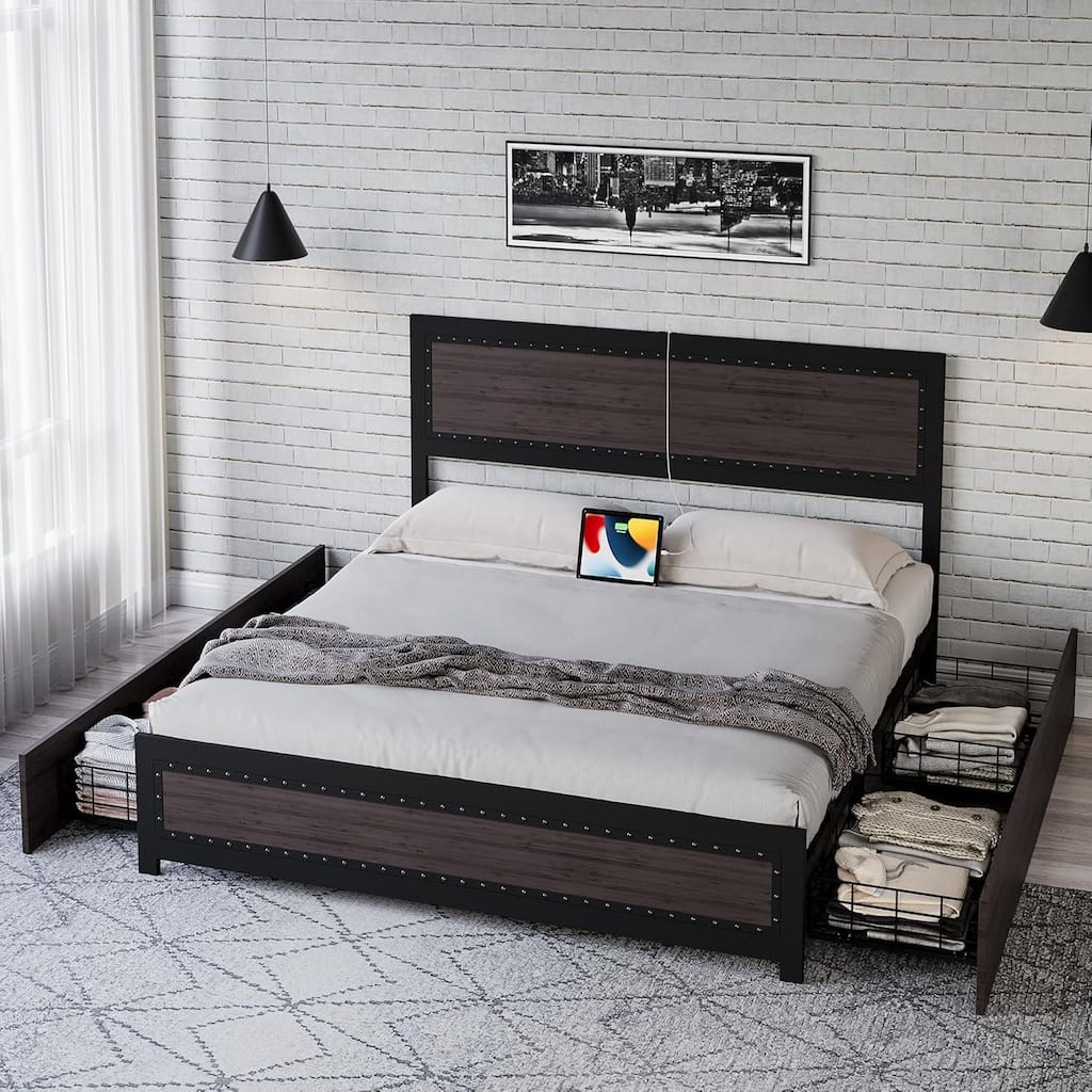 Platform Bed with Headboard, 4 Storage Drawers & Charging Station, Rivet Detail, Metal Slats, Gray