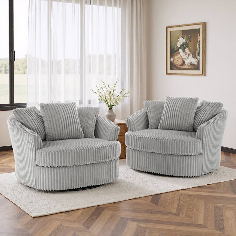 UIXE Oversize 43" Plush Corduroy Swivel Barrel Chair Comfy Accent Chair For Living Room - Grey/2 Set