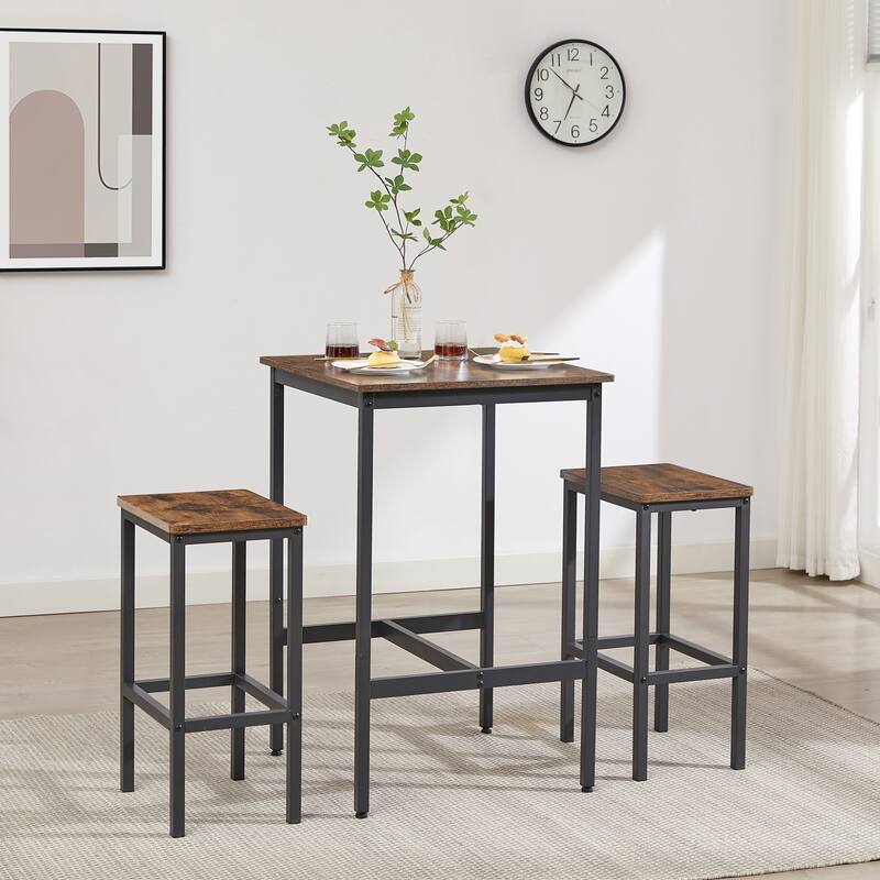 3-Piece Bar Table Set, Industrial Style Square Wood Bar Table with 2 Backless Bar Chairs - 23.6"Lx23.6"Wx35.4"H - Brown