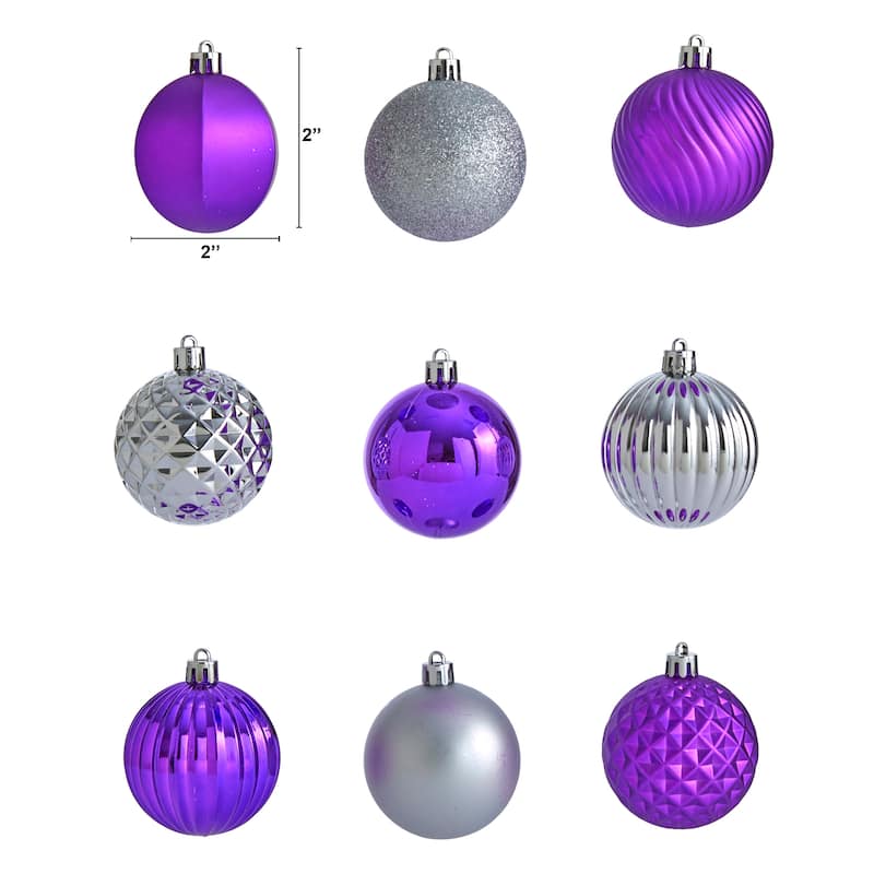 101ct Silver Purple Shatterproof 3-Finish Christmas Ball Ornaments 2"