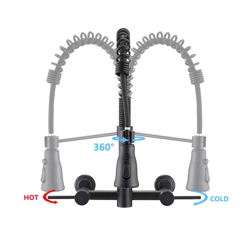 PROOX Double Handle Kitchen Faucet with Pull Out Sprayer Wall Mounted
