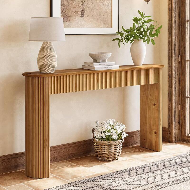 Solid Wood Console Table, 63" Long Retro Entryway Table with Vertical Fluted Stripes - Brown