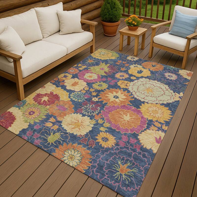 Machine Washable Indoor/ Outdoor Modern Floral Chantille Rug
