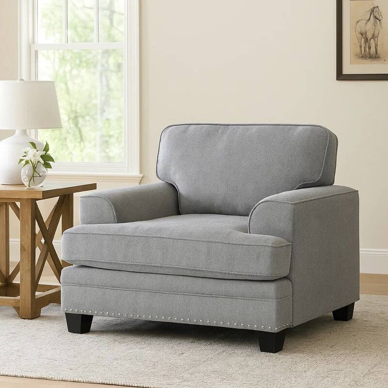 Brady Accent Armchair, Gray Chenille, Nailhead Trim, Black Legs