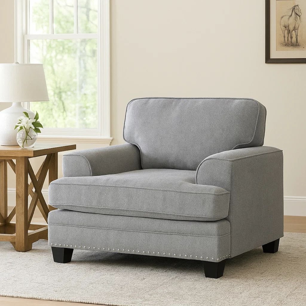 Brady Accent Armchair, Gray Chenille, Nailhead Trim, Black Legs