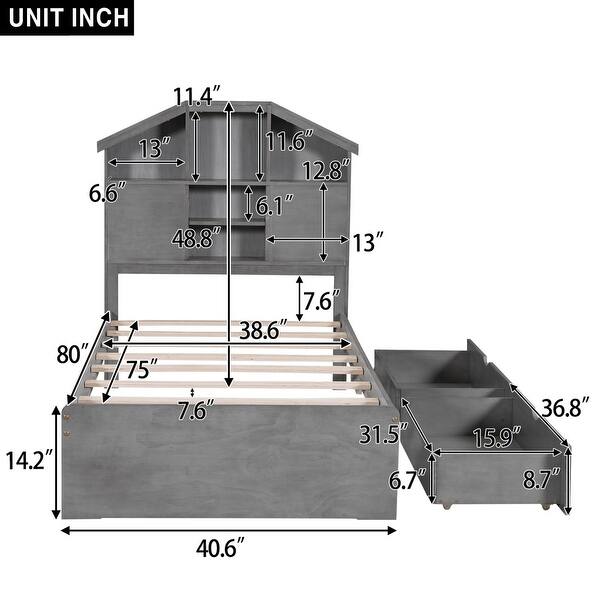 dimension image slide 1 of 4, Wooden platform bed with house shaped storage headboard and drawers