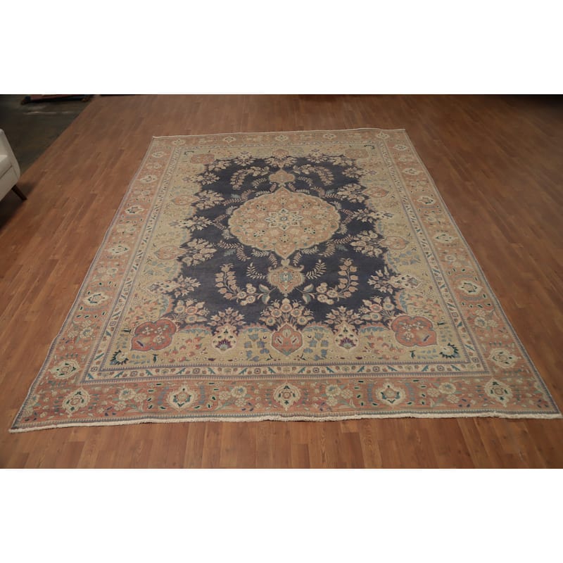 Hand Knotted Oriental 100% Wool Carpet Traditional Floral Navy Blue & Blues Tabriz Area Rug - 12' 1'' X 9' 4''