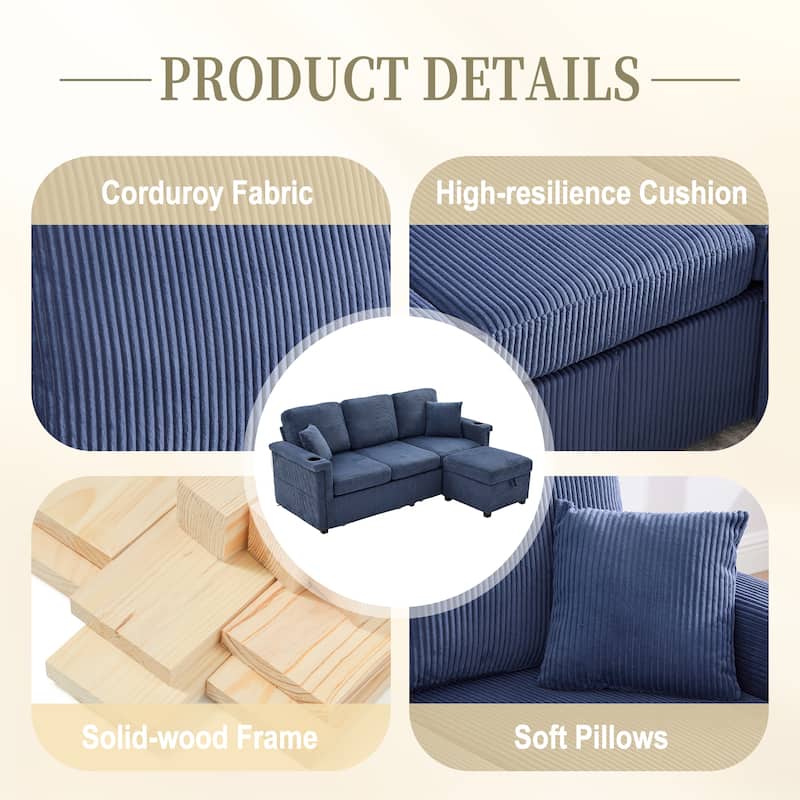 HOMEFUN Corduroy Upholstered L-shaped Pull-Out Storage Sectional Sofa with Storage Ottoman,USB Charging,Cup Holder