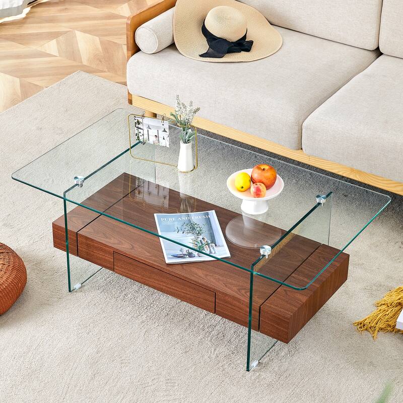 43.3 Inch Double Layer Coffee Table Storage Side Table with Open Storage Shelves, Drawers Glass Center Table End Table