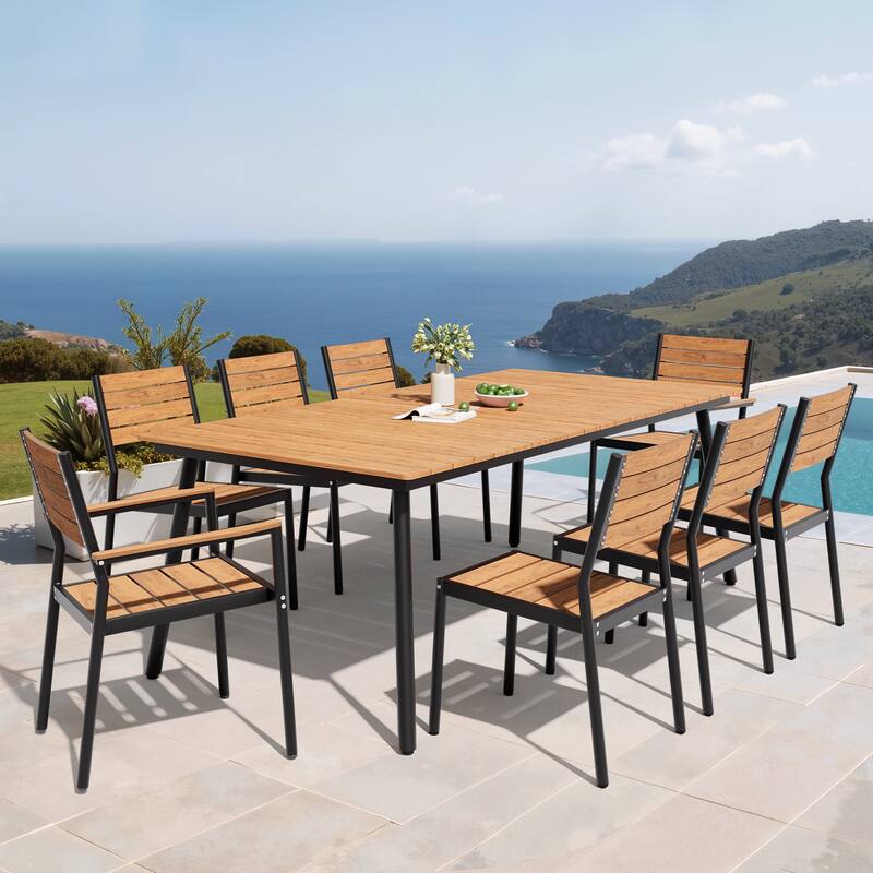 9PC Outdoor Patio Dining Set Aluminum Umbrella Hole Table with Stackable Chairs