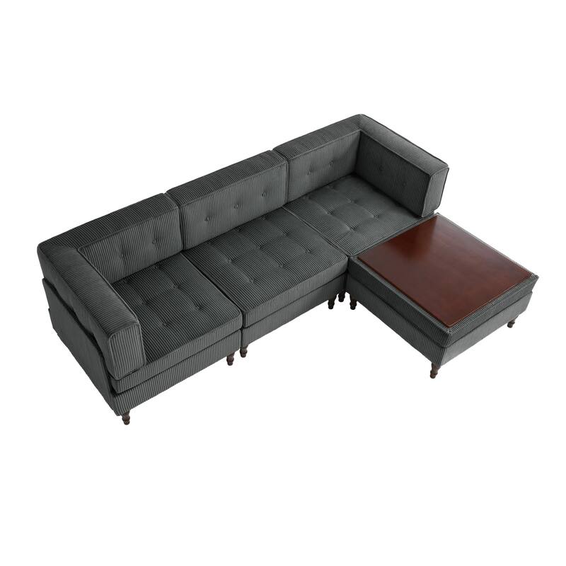 UIXE 4 - Piece Corduroy Sectional Sofa with Flip-Top Storage Ottoman Coffee Table