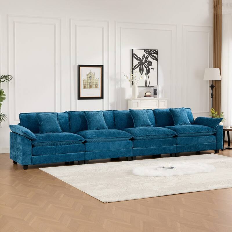 4 Seater Sectional Sofa Chenille Modular Deep Seat Couch with Armrest Pillows and Double Layer Seat Cushions for Living Room