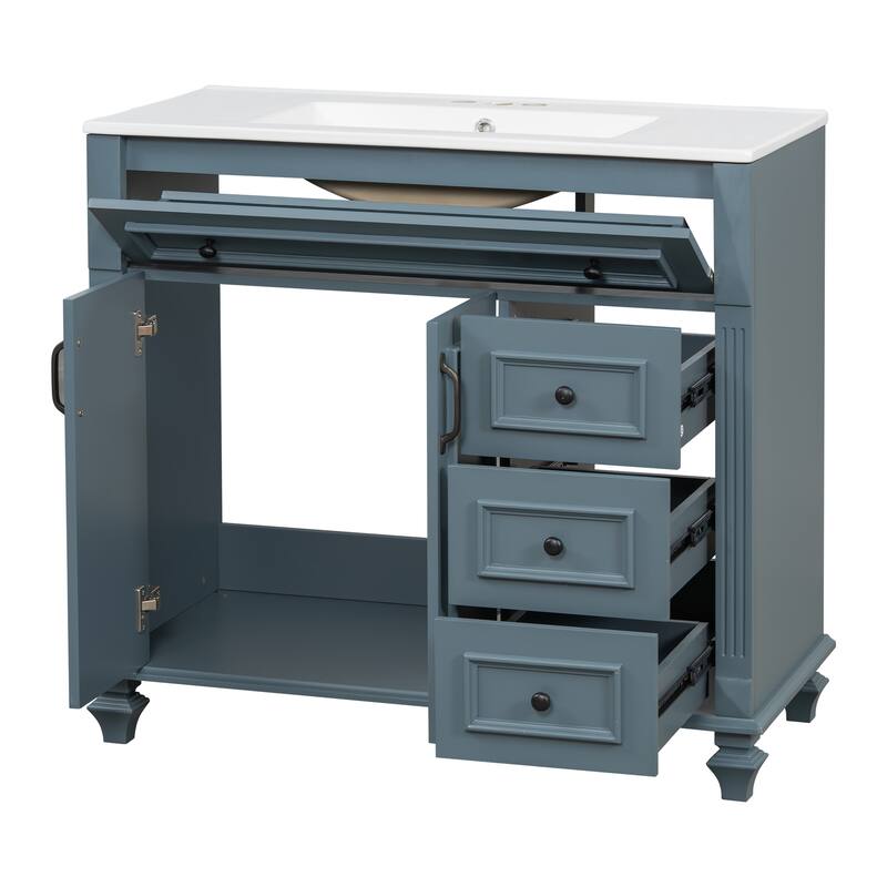 Roomfitters 36" Bathroom Vanity with Sink, Flip-Out Drawer, 3 Drawers, Soft-Close Doors, Solid Wood Cabinet