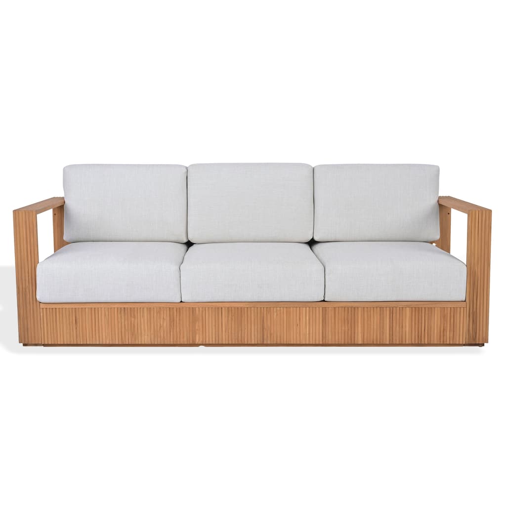 SAFAVIEH Couture Saint Lucia Reeded Teak Wood Patio Sofa - 80"W x 30"D x 24"H