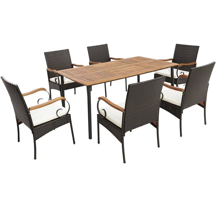 Patio Wicker Dining Set with Detachable Cushion and Umbrella Hole - 63" x 36" x 30" (L x W x H) - Black