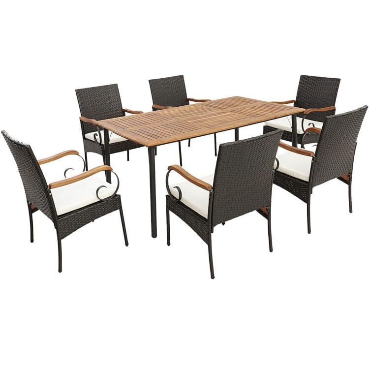 Patio Wicker Dining Set with Detachable Cushion and Umbrella Hole - 63" x 36" x 30" (L x W x H)