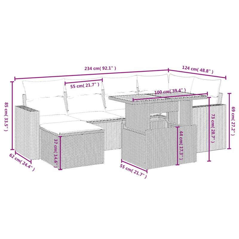 vidaXL Patio Sofa Set with Cushions Outdoor Conversation Furniture Poly Rattan - 21.7 x 39.4 x 28.7