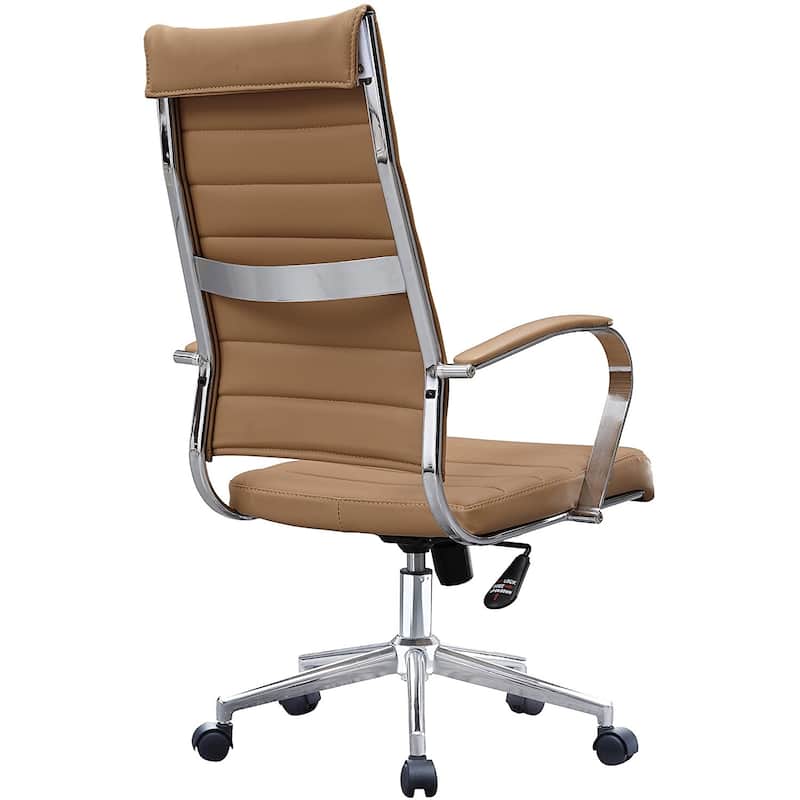 Modern Tan High Back Office Chair Ribbed PU Leather Swivel Tilt Conference Room Computer Desk Cushion Seat Boss