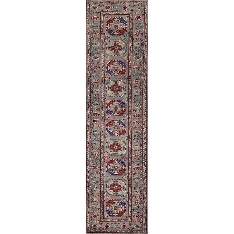 Geometric Kazak Runner Rug Handmade Hallway Wool Carpet - 2'7" x 12'10"