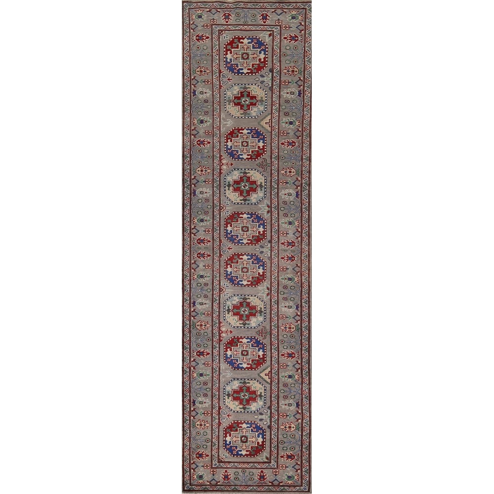 Geometric Kazak Runner Rug Handmade Hallway Wool Carpet - 2'7" x 12'10"