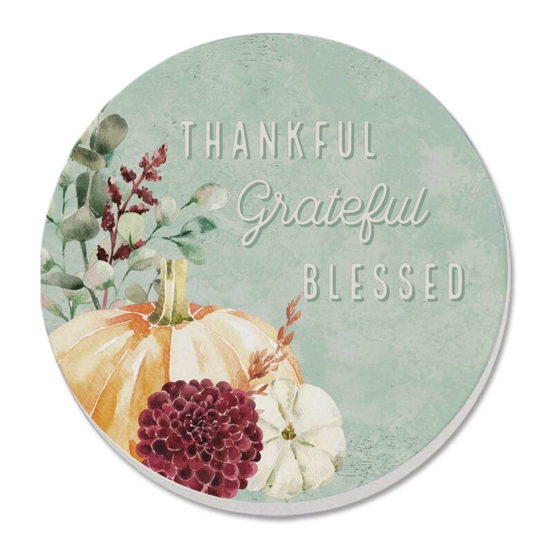 Grateful Thankful 4 Pack Absorbent Stone Coasters with Protective Cork Backing Made in The USA Absorbent Easily Wipes Clean - Multi