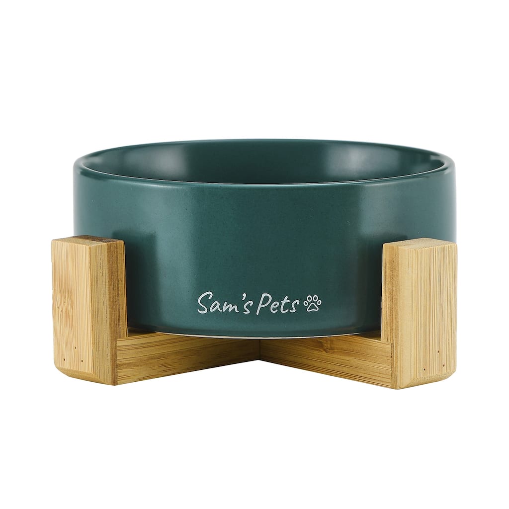 Coco Single Pet Bowl with Wood Stand 5.11'' in Green - 6.3