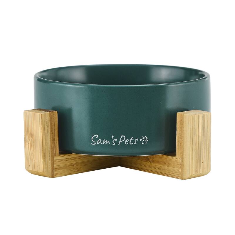 Coco Single Pet Bowl with Wood Stand 5.11'' in Green - 6.3
