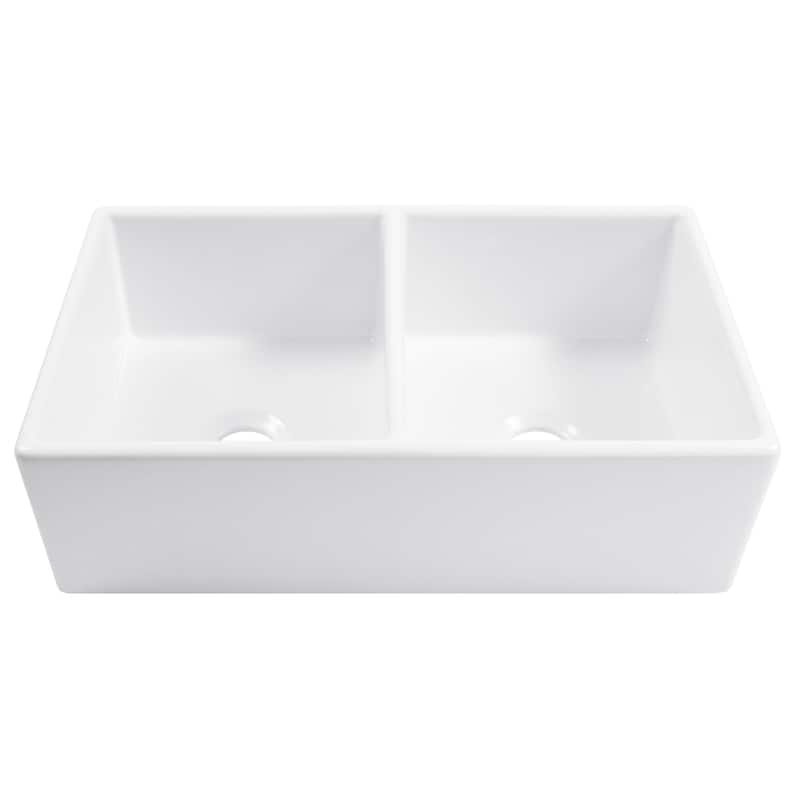 Austen Crisp White Fireclay 33" Double Bowl Farmhouse Apron Front Undermount Kitchen Sink and Drains