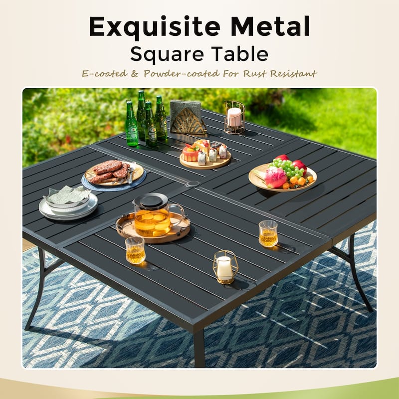 MAISON ARTS 9 Pieces Outdoor Patio Dining Set for 8, Metal Steel Table with Umbrella Hole & Stackable Chairs