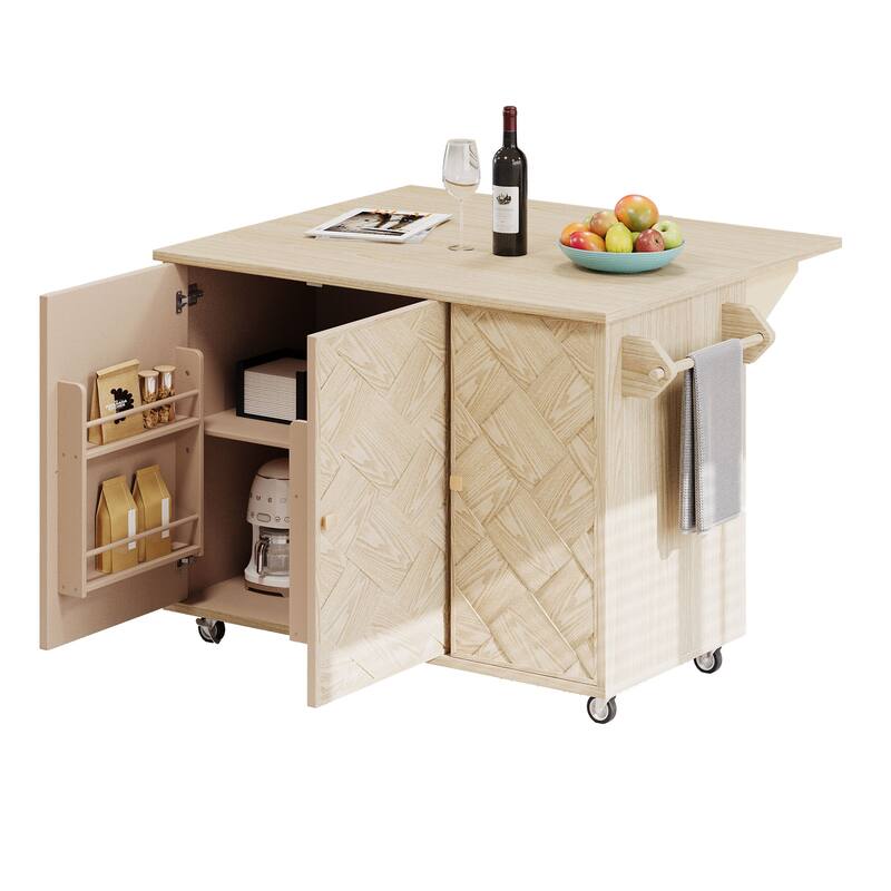Rolling Kitchen Island with Drop Leaf, Ash Veneer Handwoven Doors, Internal Storage Rack, and Wheels - 51.2" Coastal Design