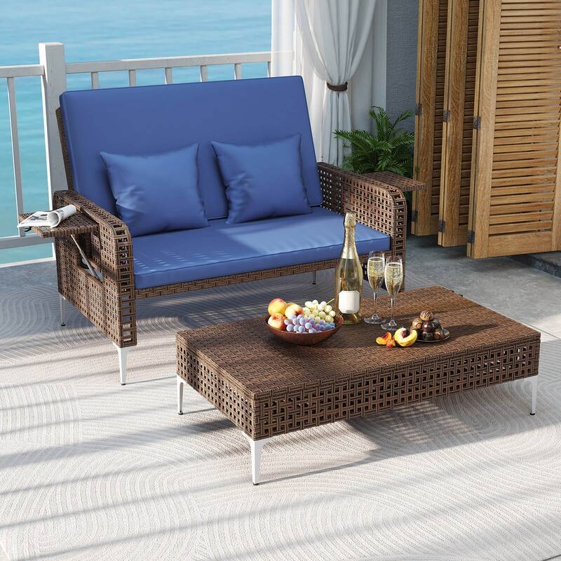 Costway 2 PCS Wicker Loveseat & Storage Ottoman with 4-Level Backrest - Navy