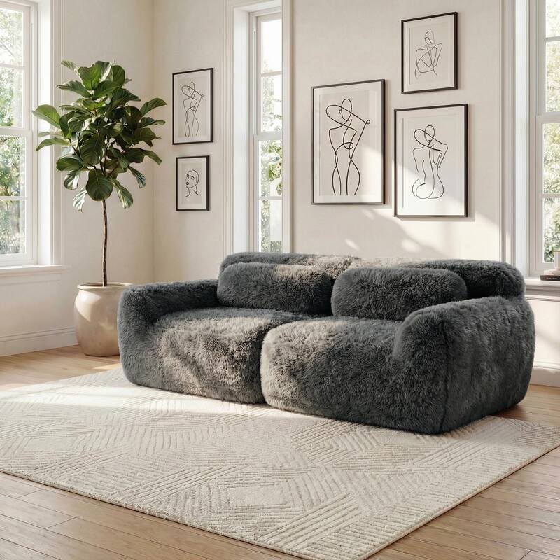Homy Casa Modular Sectional Sofa, Dark Grey Plush Fabric with Non-Slip Base, No Assembly Living Room Couch with Pillows - 2