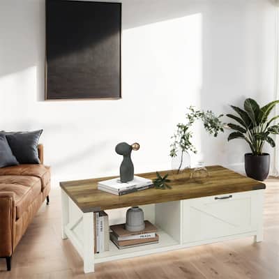 Farmhouse Coffee Table with Open Shelf and Drawer