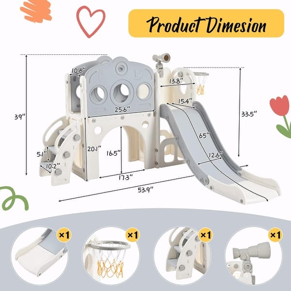 dimension image slide 2 of 3, 7-in-1 Toddler Slide Set - Spaceship Playset with Slide, Arch Tunnel, Basketball Hoop, and Toy Storage