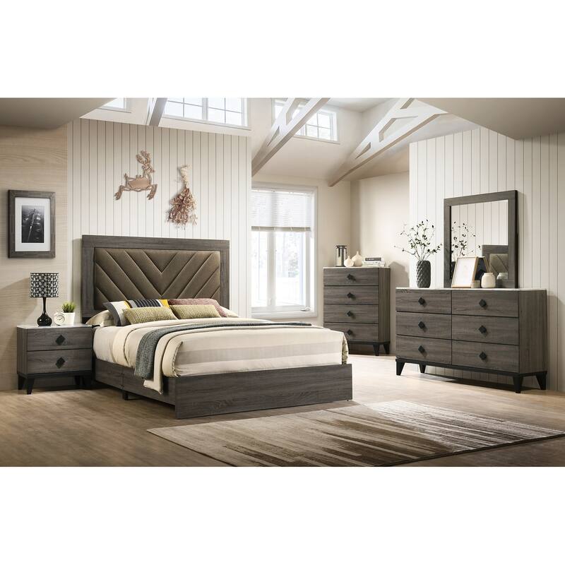 Queen Size Upholstered Bed with Rubberwood Frame and Gray Fabric Headboard