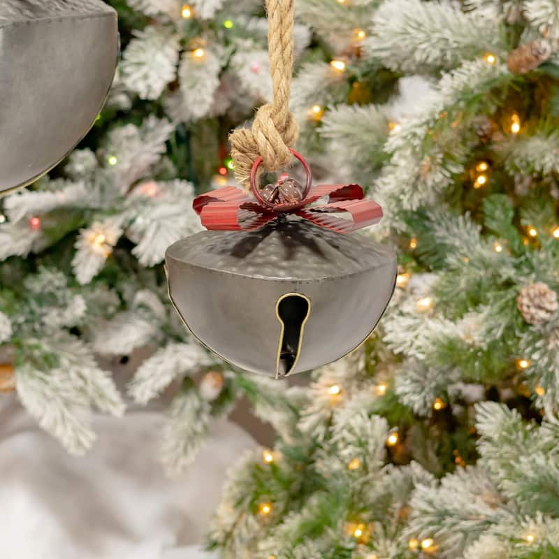 Set of 7 Large Galvanized Jingle Bells with Ribbon and Rope - 10x10x10.5