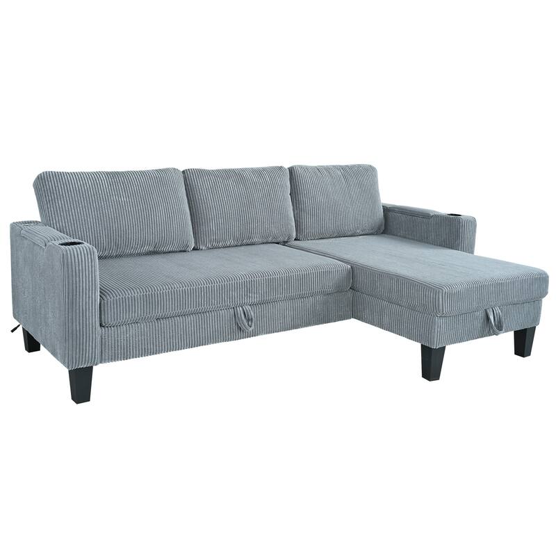 Reversible L-Shaped Sectional Sofa with Storage Chaise, USB Ports, Arm Cup Holder, Modern Corduroy Sleeper Couch for Living Room