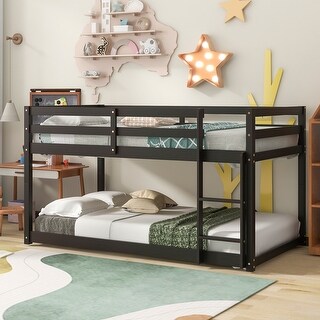 Espresso Twin Over Twin Pine Wood Low Bunk Bed with Full-Length Guardrails and Ladder
