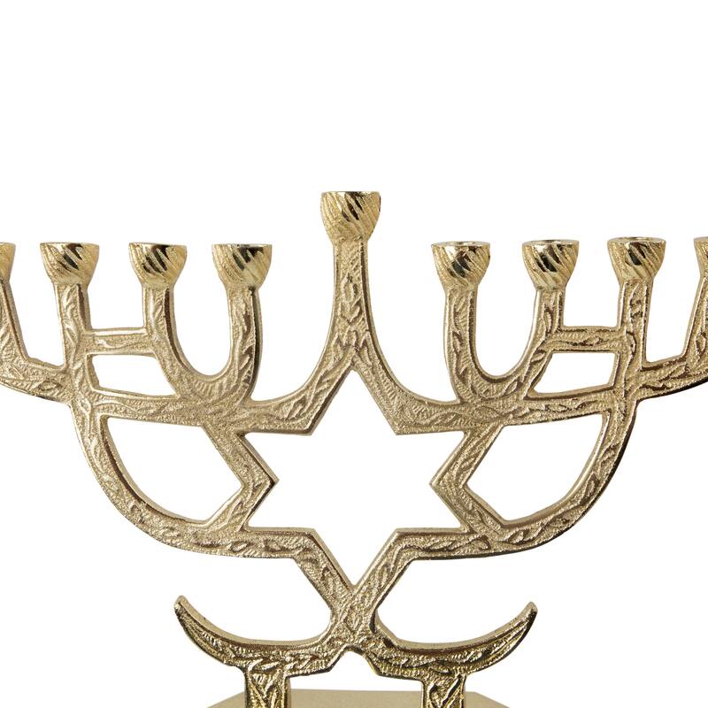 Embossed Metal Hanukkah Menorah with Star of David - 10" - Gold