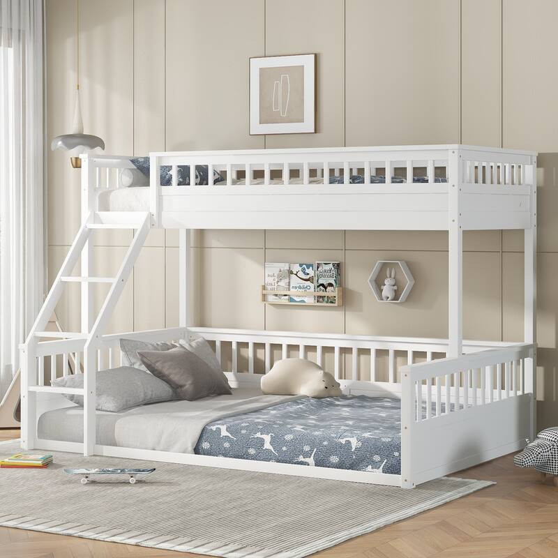 Roomfitters Twin XL over Queen Bunk Bed with Ladder and Safety Guardrails, Space-Saving Wood Frame, White - Off White - Twin